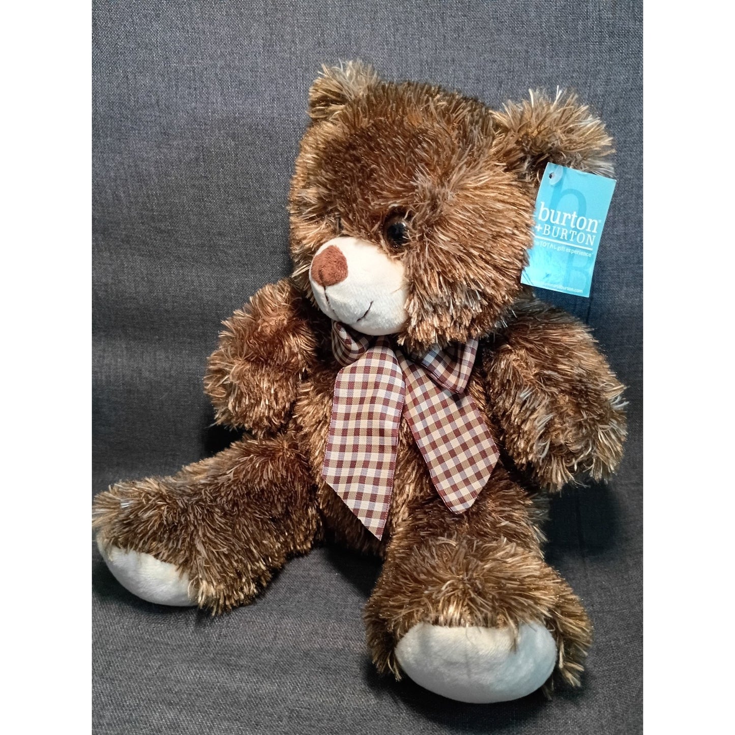 Burton & Burton Brown Fluffy Plush Stuffed Teddy Bear Plaid Bow 15" New with Tag