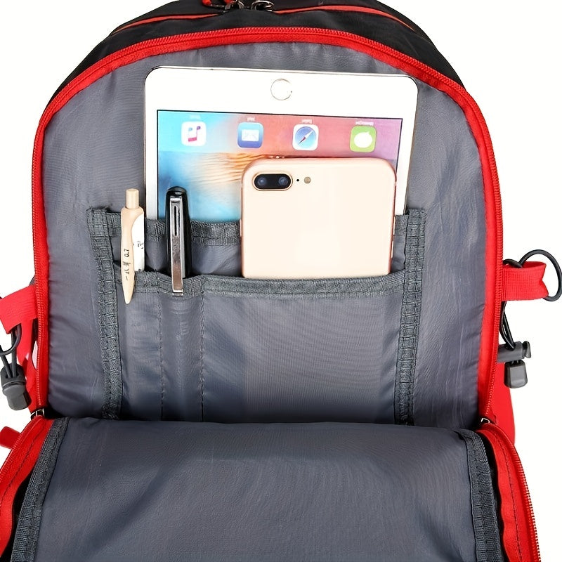 Universal Climbing Backpack, Lightweight Travel, Multifunctional, Hiking, Alphabet Pattern, Hard Shell, Black, with Zipper Closure, Hip Adjustment, Nylon Fabric, Utility Pocket, Cord Embellishment, Wipe with Damp Cloth, for L