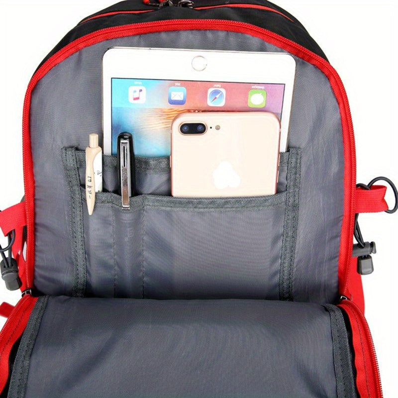 Universal Climbing Backpack, Lightweight Travel, Multifunctional, Hiking, Alphabet Pattern, Hard Shell, Black, with Zipper Closure, Hip Adjustment, Nylon Fabric, Utility Pocket, Cord Embellishment, Wipe with Damp Cloth, for L