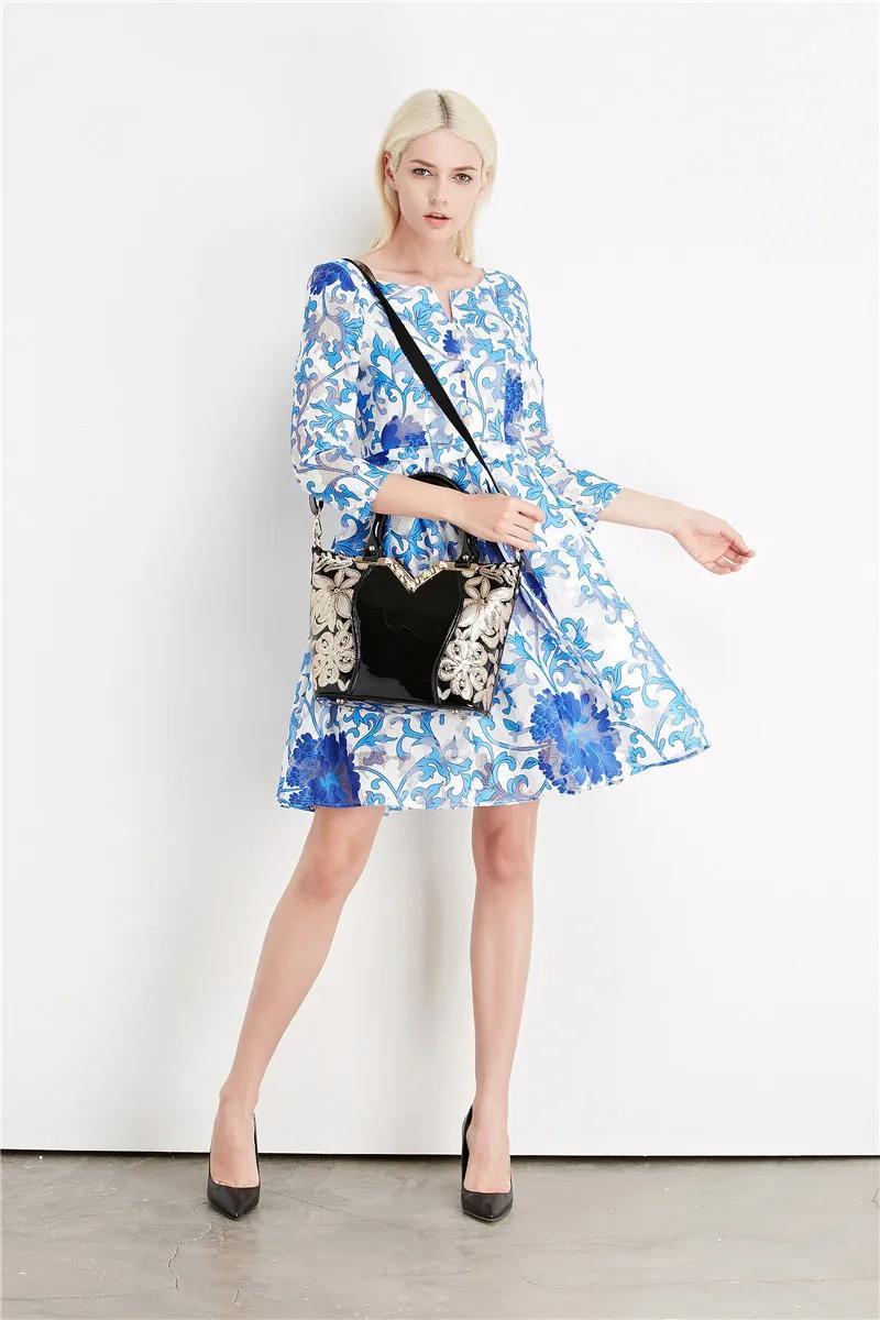 Designer Floral Embroidery Patent Leather Handbag for Women, Large Capacity Shoulder Tote with Zipper Closure, Polyester Lined, Paint Detail, Party Bag