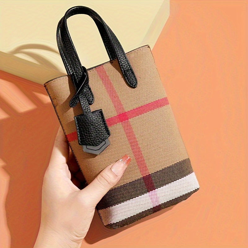 Ondy Women's Retro Caramel & Brown Plaid Handbag with Detachable Strap - Closure Small Crossbody Bag, Golden-Tone Hardware, Phone & Keys Holder, Synthetic Lining, Versatile Everyday & Formal Purse for Commuting, Work, Travel