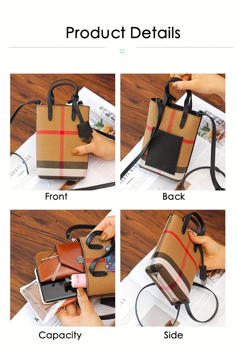 Ondy Women's Retro Caramel & Brown Plaid Handbag with Detachable Strap - Closure Small Crossbody Bag, Golden-Tone Hardware, Phone & Keys Holder, Synthetic Lining, Versatile Everyday & Formal Purse for Commuting, Work, Travel