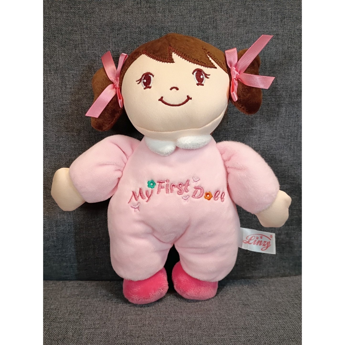 My First Doll Linzy 10" Plush Stuffed Toy Pink Outfit Embroidered Face Dark Hair
