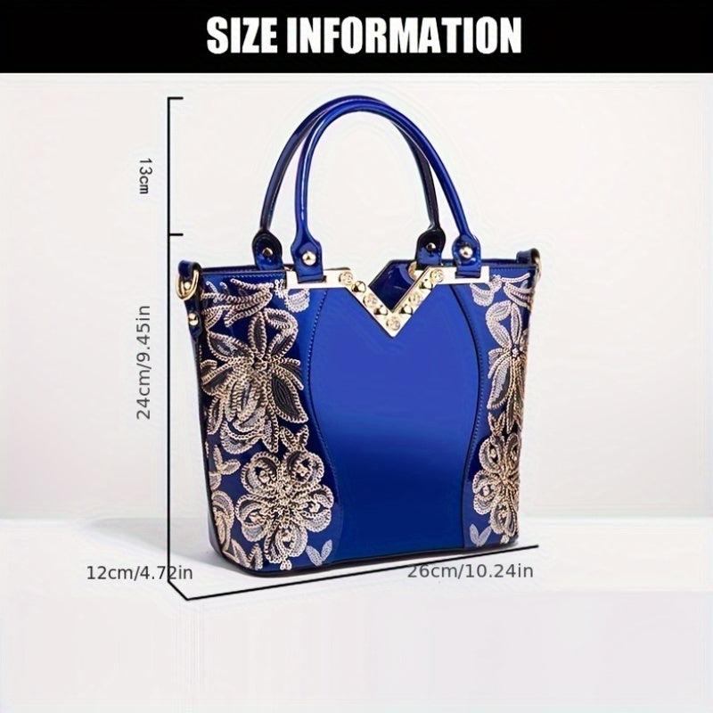 Designer Floral Embroidery Patent Leather Handbag for Women, Large Capacity Shoulder Tote with Zipper Closure, Polyester Lined, Paint Detail, Party Bag