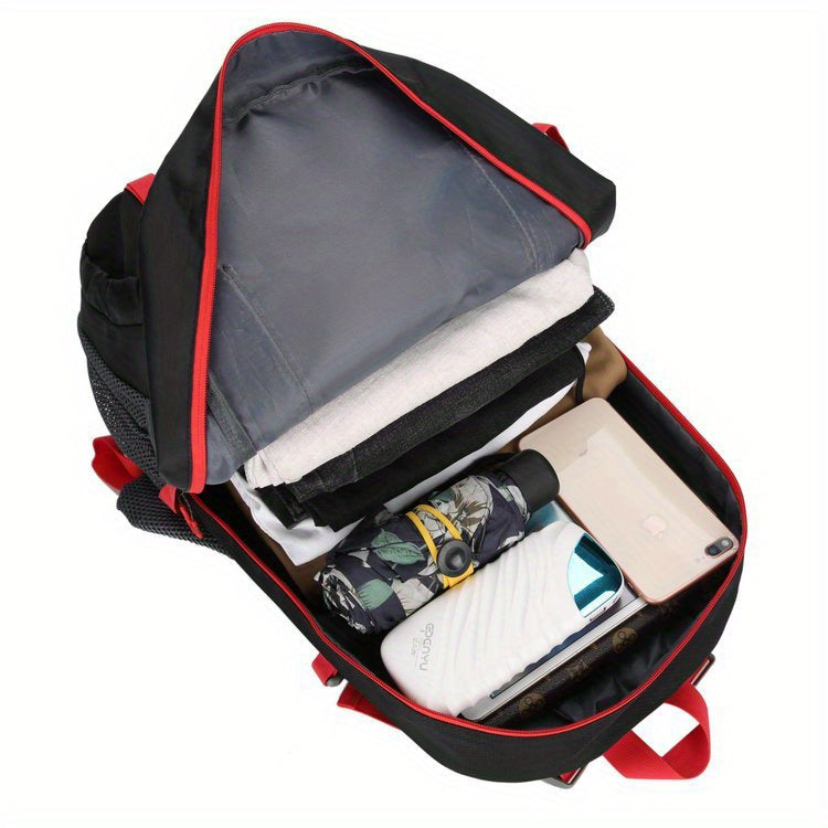 Universal Climbing Backpack, Lightweight Travel, Multifunctional, Hiking, Alphabet Pattern, Hard Shell, Black, with Zipper Closure, Hip Adjustment, Nylon Fabric, Utility Pocket, Cord Embellishment, Wipe with Damp Cloth, for L