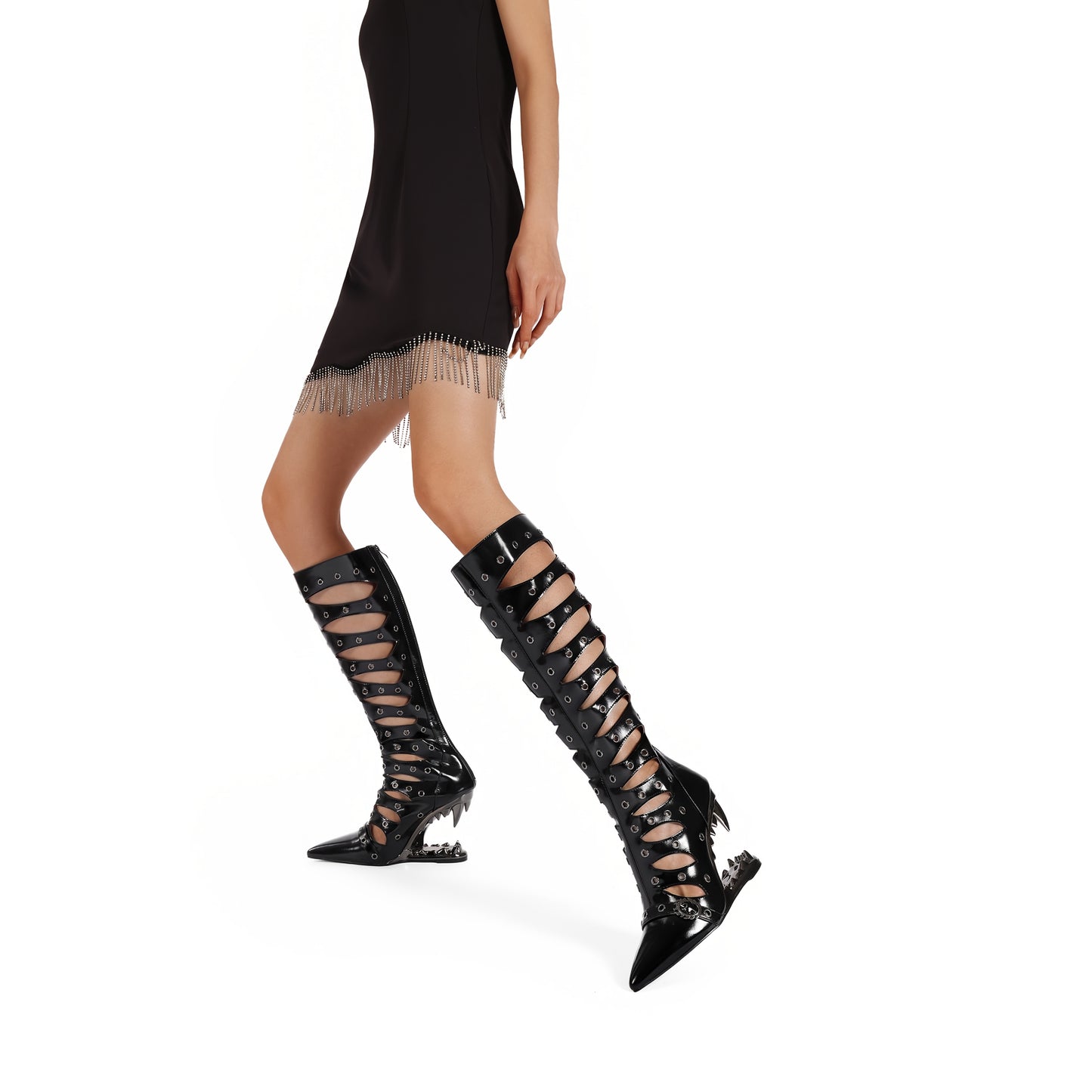 1pr Sexy Hollow-Out Designer Rivet Knee-High Boots, Pointed Toe Zipper Closure, All-Season Comfort, Man-Made Upper & Inner, Rubber Sole, Special Shaped Heel, Roman Style, Long Boots