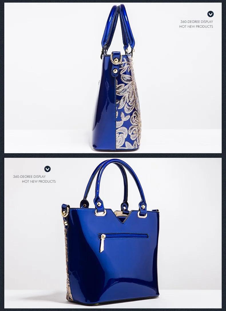 Designer Floral Embroidery Patent Leather Handbag for Women, Large Capacity Shoulder Tote with Zipper Closure, Polyester Lined, Paint Detail, Party Bag