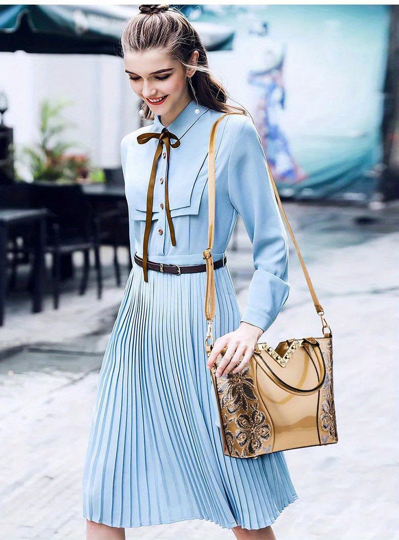 Designer Floral Embroidery Patent Leather Handbag for Women, Large Capacity Shoulder Tote with Zipper Closure, Polyester Lined, Paint Detail, Party Bag