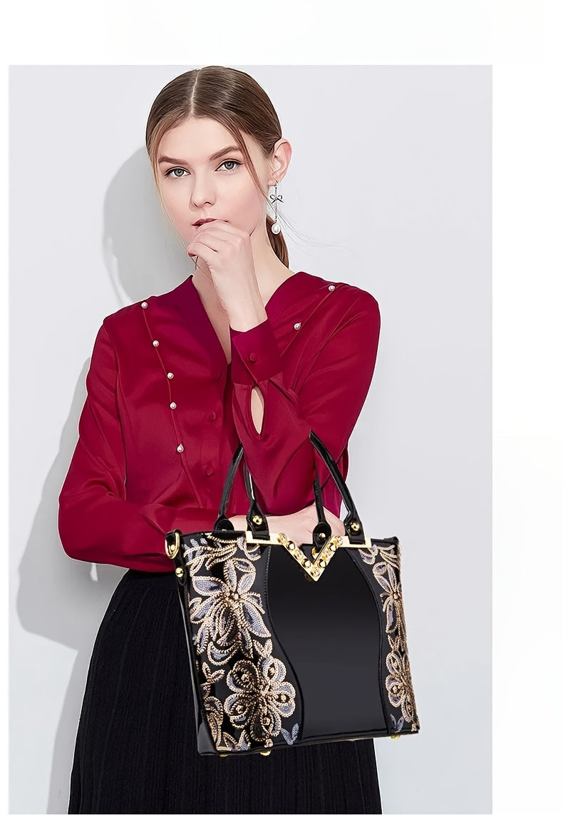 Designer Floral Embroidery Patent Leather Handbag for Women, Large Capacity Shoulder Tote with Zipper Closure, Polyester Lined, Paint Detail, Party Bag