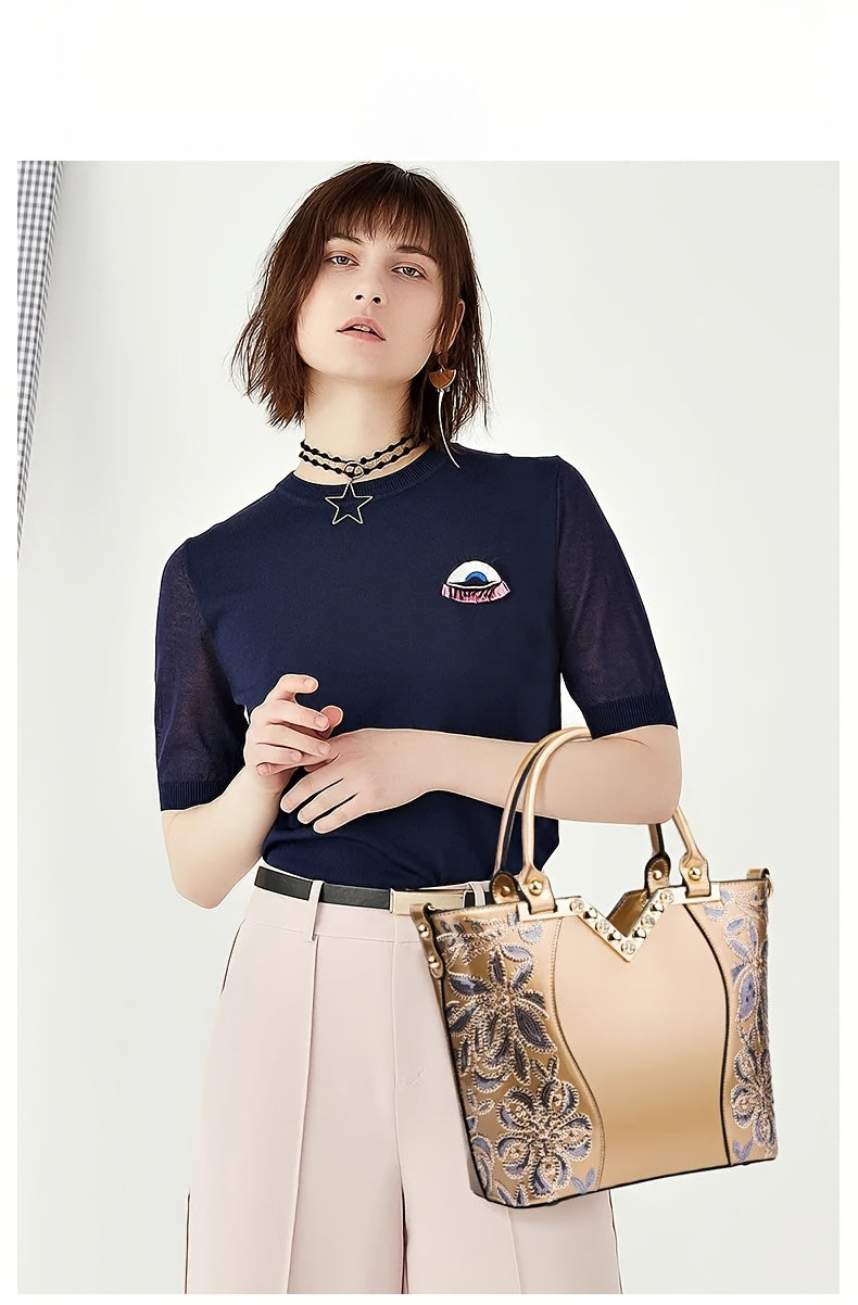 Designer Floral Embroidery Patent Leather Handbag for Women, Large Capacity Shoulder Tote with Zipper Closure, Polyester Lined, Paint Detail, Party Bag