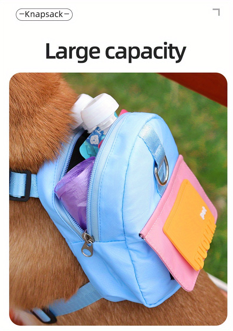 Colorful Nylon Pet Harness with Leash & Backpack - Cartoon School Bag Design for Dogs, Machine Washable, Ideal for Outdoor Adventures