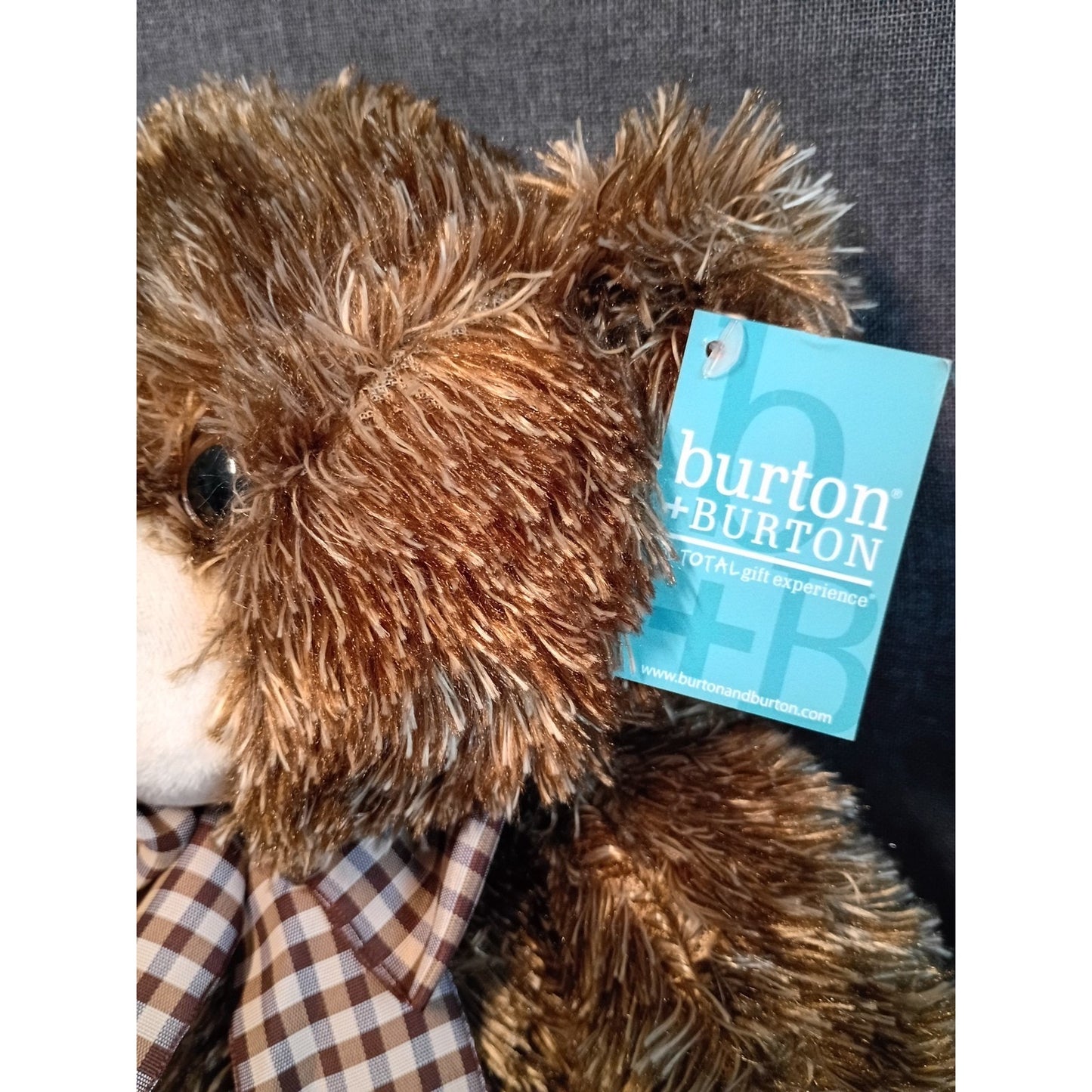 Burton & Burton Brown Fluffy Plush Stuffed Teddy Bear Plaid Bow 15" New with Tag