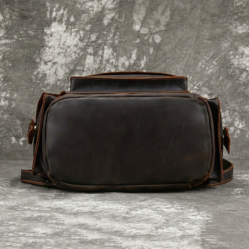 Men Crazy Horse Genuine Leather Backpack, Large Capacity Retro Cow Genuine Leather Rucksack Flap Travel Bag