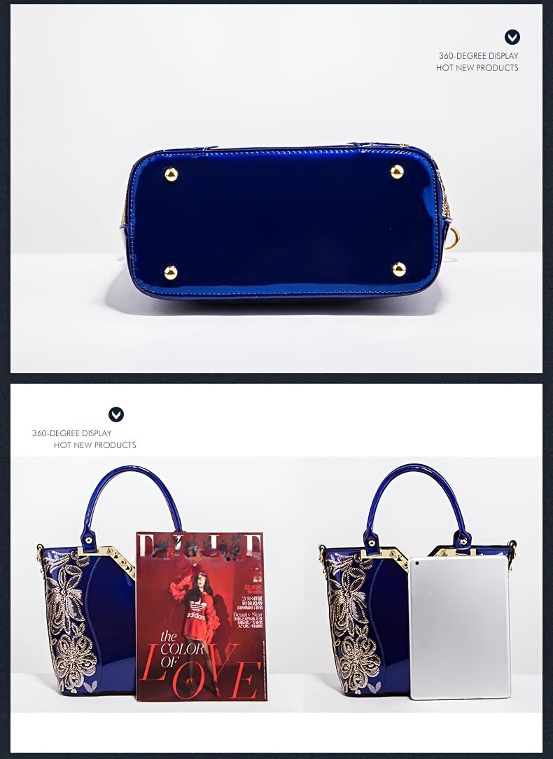 Designer Floral Embroidery Patent Leather Handbag for Women, Large Capacity Shoulder Tote with Zipper Closure, Polyester Lined, Paint Detail, Party Bag