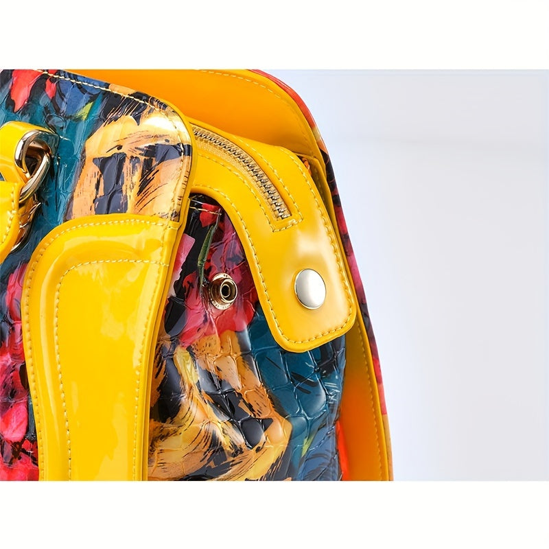 Women's Large Luxury Patent Leather Handbag - Elegant Crocodile-Texture Tote with Adjustable Crossbody Strap, Golden-Tone Hardware & Multi-Compartment Design, Vibrant Yellow & Multicolor Patterns (Pink/Blue/Green/Black) - Bus