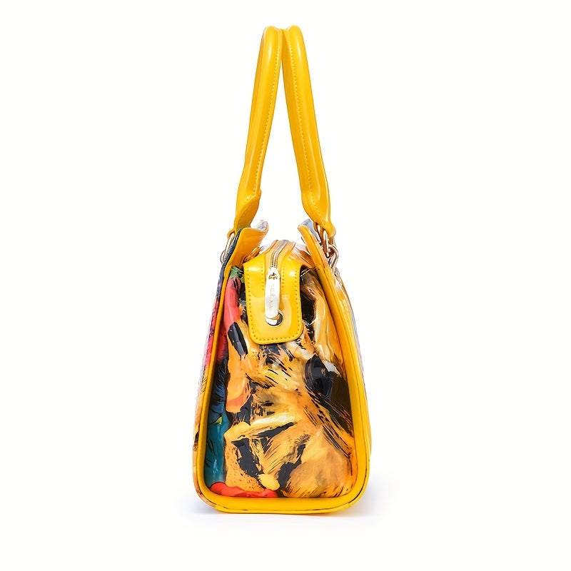 Women's Large Luxury Patent Leather Handbag - Elegant Crocodile-Texture Tote with Adjustable Crossbody Strap, Golden-Tone Hardware & Multi-Compartment Design, Vibrant Yellow & Multicolor Patterns (Pink/Blue/Green/Black) - Bus