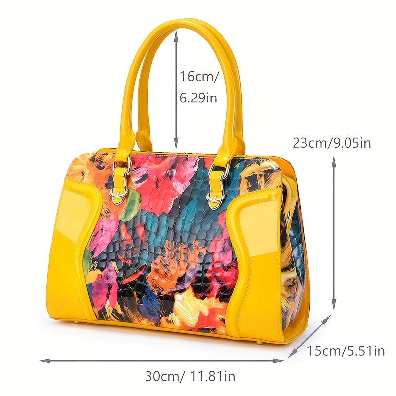 Women's Large Luxury Patent Leather Handbag - Elegant Crocodile-Texture Tote with Adjustable Crossbody Strap, Golden-Tone Hardware & Multi-Compartment Design, Vibrant Yellow & Multicolor Patterns (Pink/Blue/Green/Black) - Bus
