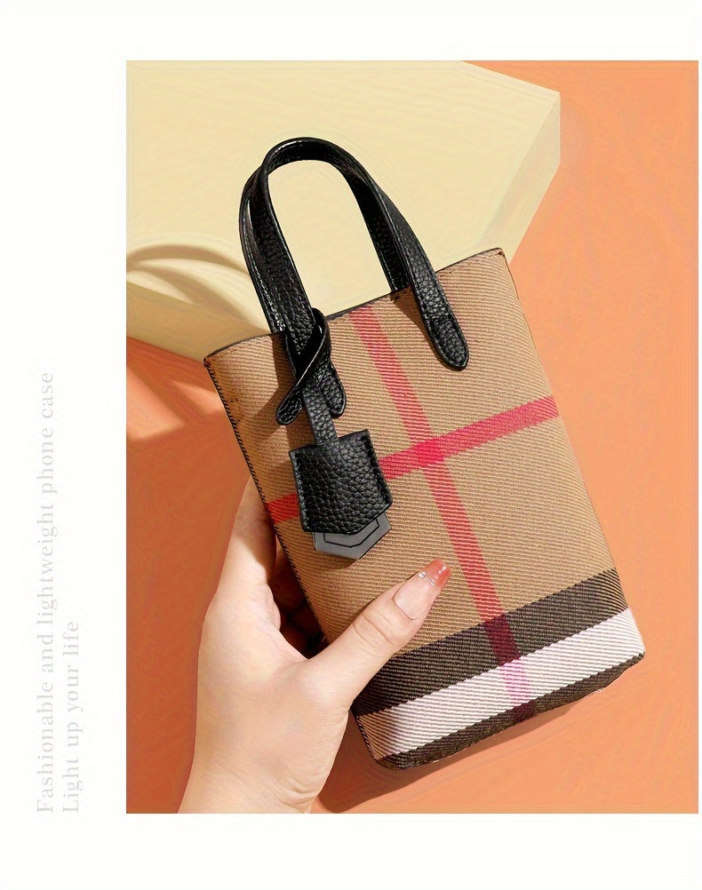 Ondy Women's Retro Caramel & Brown Plaid Handbag with Detachable Strap - Closure Small Crossbody Bag, Golden-Tone Hardware, Phone & Keys Holder, Synthetic Lining, Versatile Everyday & Formal Purse for Commuting, Work, Travel