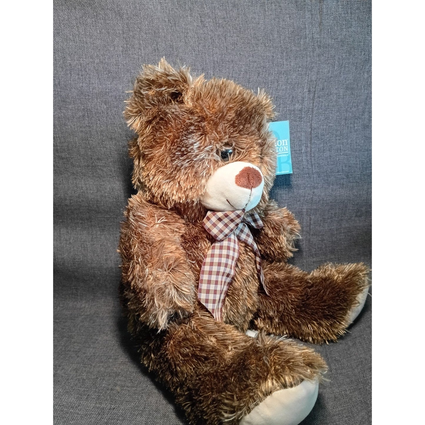 Burton & Burton Brown Fluffy Plush Stuffed Teddy Bear Plaid Bow 15" New with Tag