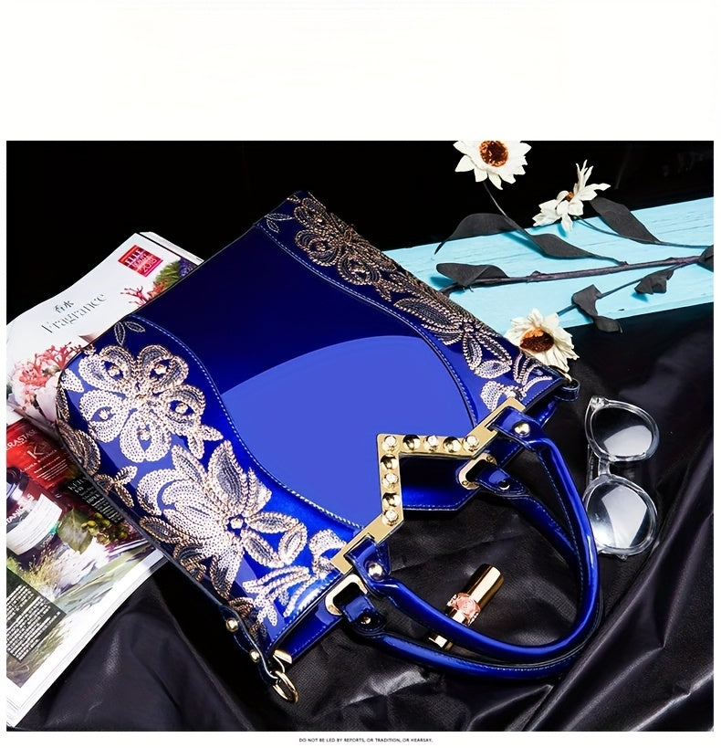 Designer Floral Embroidery Patent Leather Handbag for Women, Large Capacity Shoulder Tote with Zipper Closure, Polyester Lined, Paint Detail, Party Bag