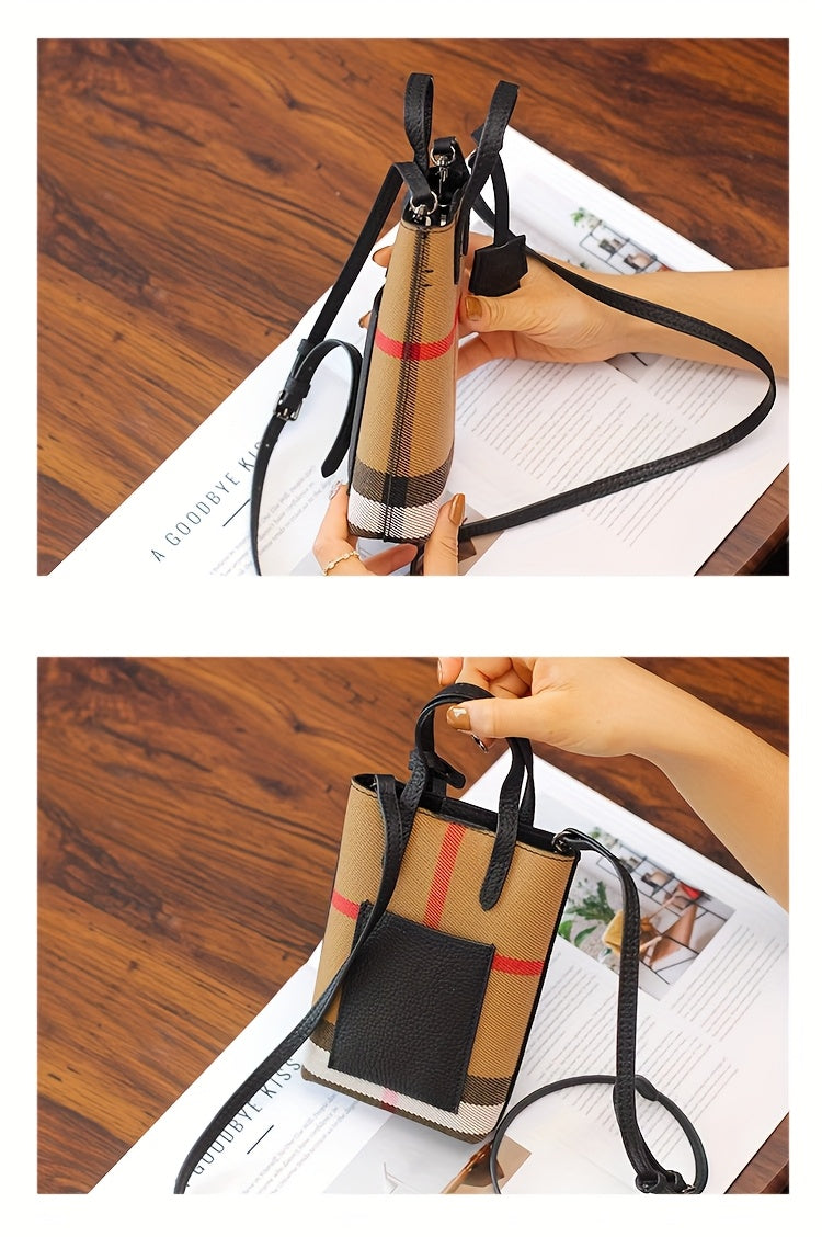 Ondy Women's Retro Caramel & Brown Plaid Handbag with Detachable Strap - Closure Small Crossbody Bag, Golden-Tone Hardware, Phone & Keys Holder, Synthetic Lining, Versatile Everyday & Formal Purse for Commuting, Work, Travel