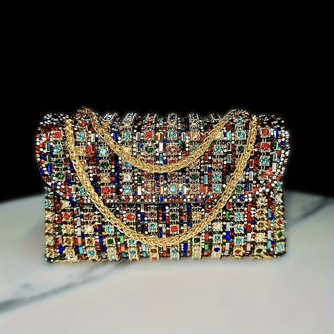 Women's Luxury PU Evening Handbag with Adjustable Strap & Closure - Sparkling -Adorned Multicolor Beaded Mosaic Design, Golden-Tone Hardware, Lightweight Elegant Clutch for Parties, Weddings, Formal Events - Versatile Crossbo