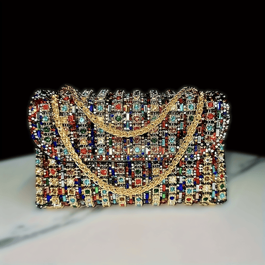 Women's Luxury PU Evening Handbag with Adjustable Strap & Closure - Sparkling -Adorned Multicolor Beaded Mosaic Design, Golden-Tone Hardware, Lightweight Elegant Clutch for Parties, Weddings, Formal Events - Versatile Crossbo
