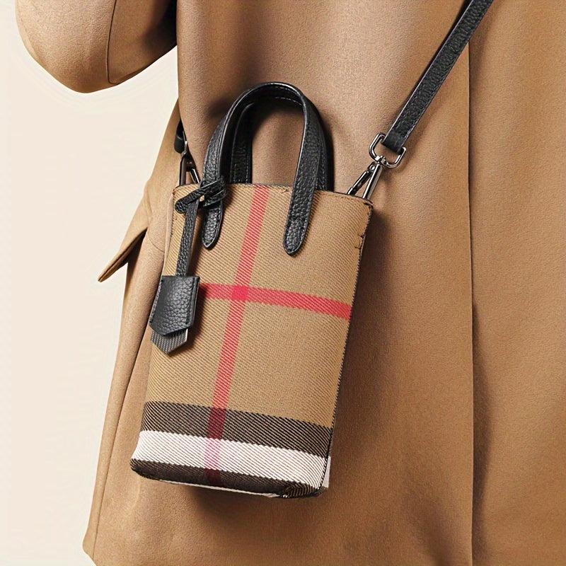 Ondy Women's Retro Caramel & Brown Plaid Handbag with Detachable Strap - Closure Small Crossbody Bag, Golden-Tone Hardware, Phone & Keys Holder, Synthetic Lining, Versatile Everyday & Formal Purse for Commuting, Work, Travel