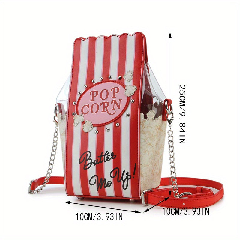 Women's Popcorn Bucket-Shaped Crossbody Bag with Adjustable Strap - Red & White Striped Synthetic Leather Purse, Beaded Popcorn Decor & Golden-Tone Hardware, Sweet Style Casual Handbag for Movie Nights, Themed Parties & Every
