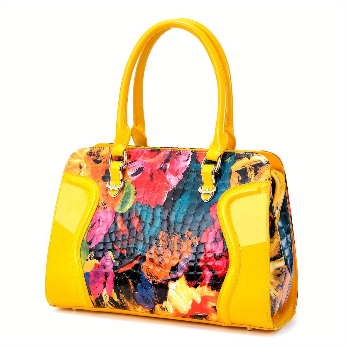 Women's Large Luxury Patent Leather Handbag - Elegant Crocodile-Texture Tote with Adjustable Crossbody Strap, Golden-Tone Hardware & Multi-Compartment Design, Vibrant Yellow & Multicolor Patterns (Pink/Blue/Green/Black) - Bus