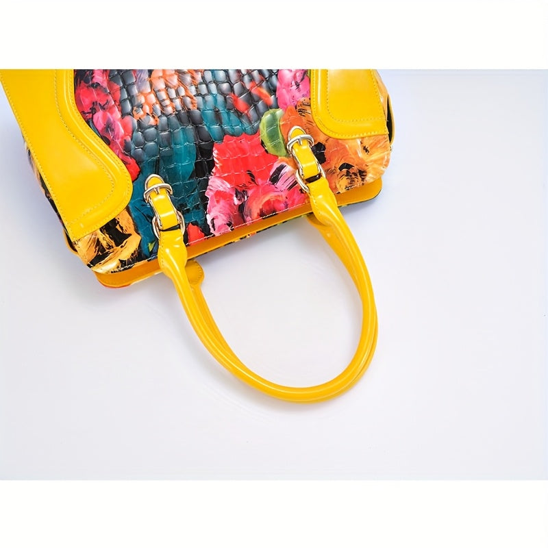 Women's Large Luxury Patent Leather Handbag - Elegant Crocodile-Texture Tote with Adjustable Crossbody Strap, Golden-Tone Hardware & Multi-Compartment Design, Vibrant Yellow & Multicolor Patterns (Pink/Blue/Green/Black) - Bus