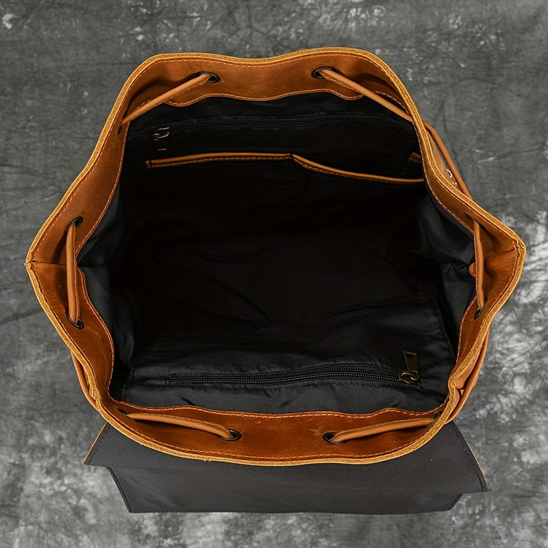 Men Crazy Horse Genuine Leather Backpack, Large Capacity Retro Cow Genuine Leather Rucksack Flap Travel Bag