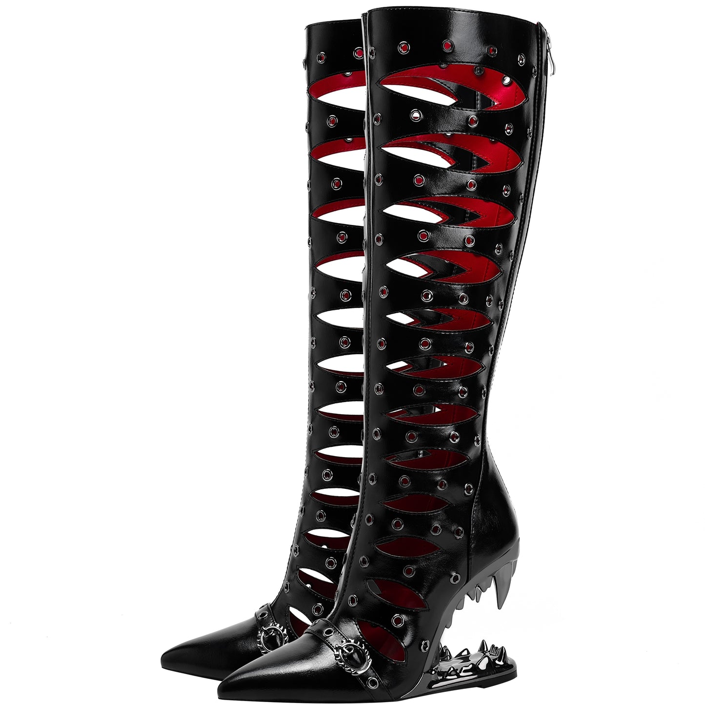 1pr Sexy Hollow-Out Designer Rivet Knee-High Boots, Pointed Toe Zipper Closure, All-Season Comfort, Man-Made Upper & Inner, Rubber Sole, Special Shaped Heel, Roman Style, Long Boots