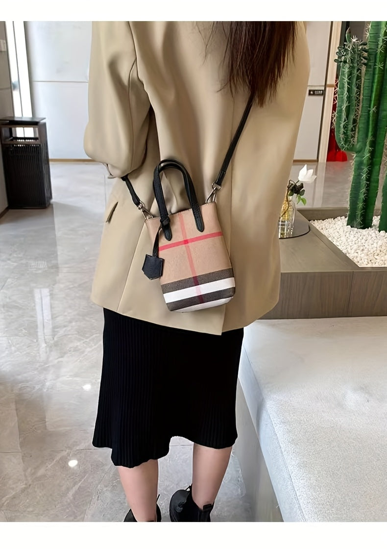 Ondy Women's Retro Caramel & Brown Plaid Handbag with Detachable Strap - Closure Small Crossbody Bag, Golden-Tone Hardware, Phone & Keys Holder, Synthetic Lining, Versatile Everyday & Formal Purse for Commuting, Work, Travel