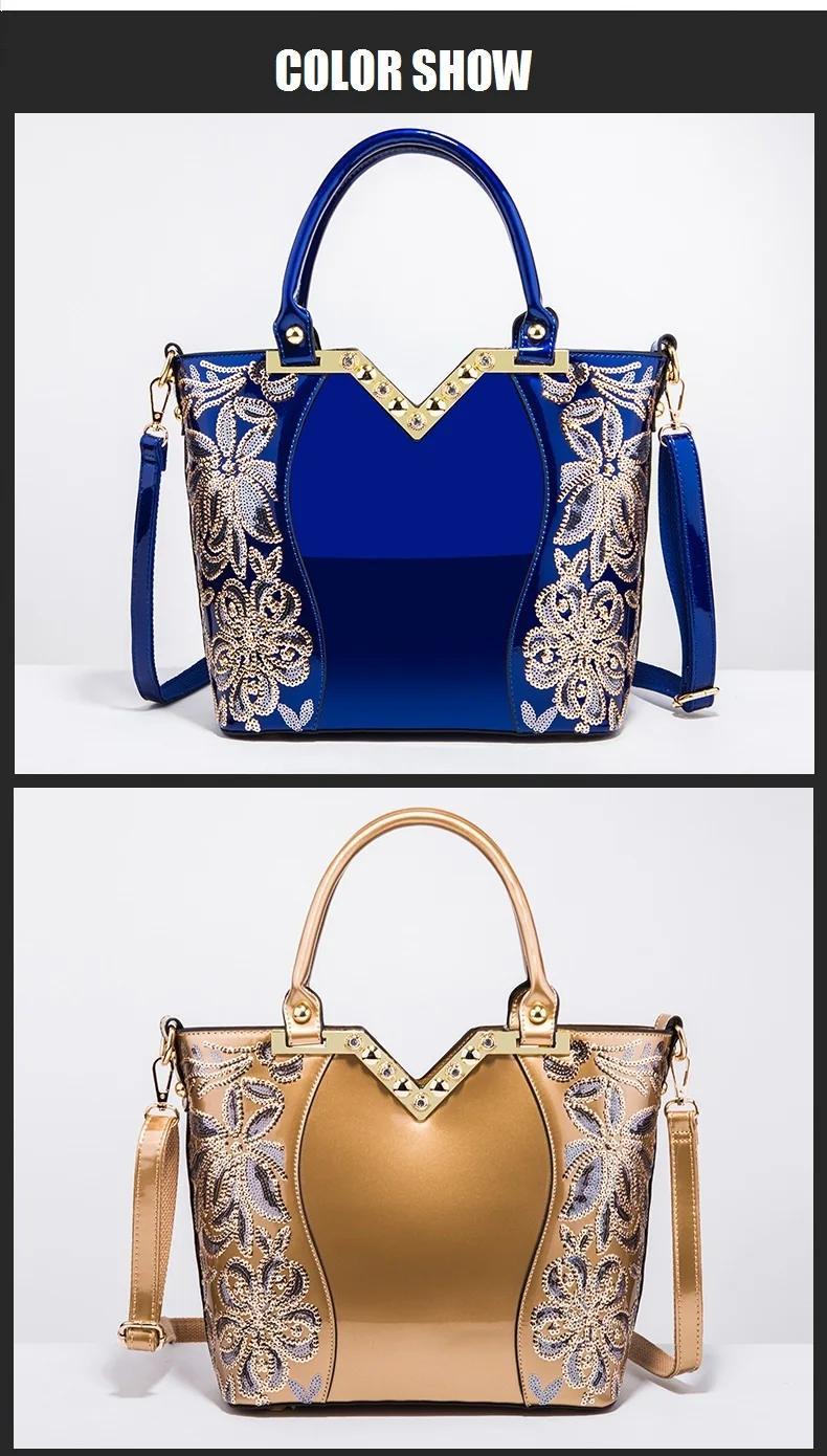 Designer Floral Embroidery Patent Leather Handbag for Women, Large Capacity Shoulder Tote with Zipper Closure, Polyester Lined, Paint Detail, Party Bag