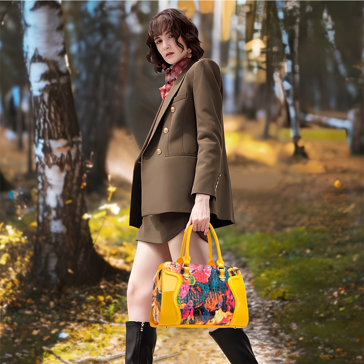 Women's Large Luxury Patent Leather Handbag - Elegant Crocodile-Texture Tote with Adjustable Crossbody Strap, Golden-Tone Hardware & Multi-Compartment Design, Vibrant Yellow & Multicolor Patterns (Pink/Blue/Green/Black) - Bus