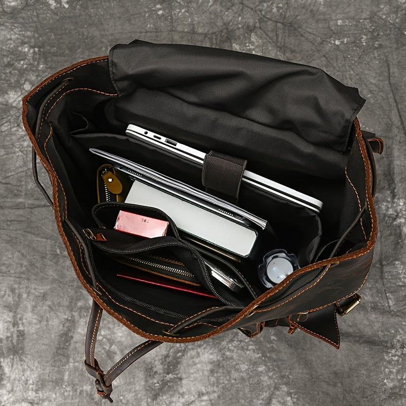 Men Crazy Horse Genuine Leather Backpack, Large Capacity Retro Cow Genuine Leather Rucksack Flap Travel Bag