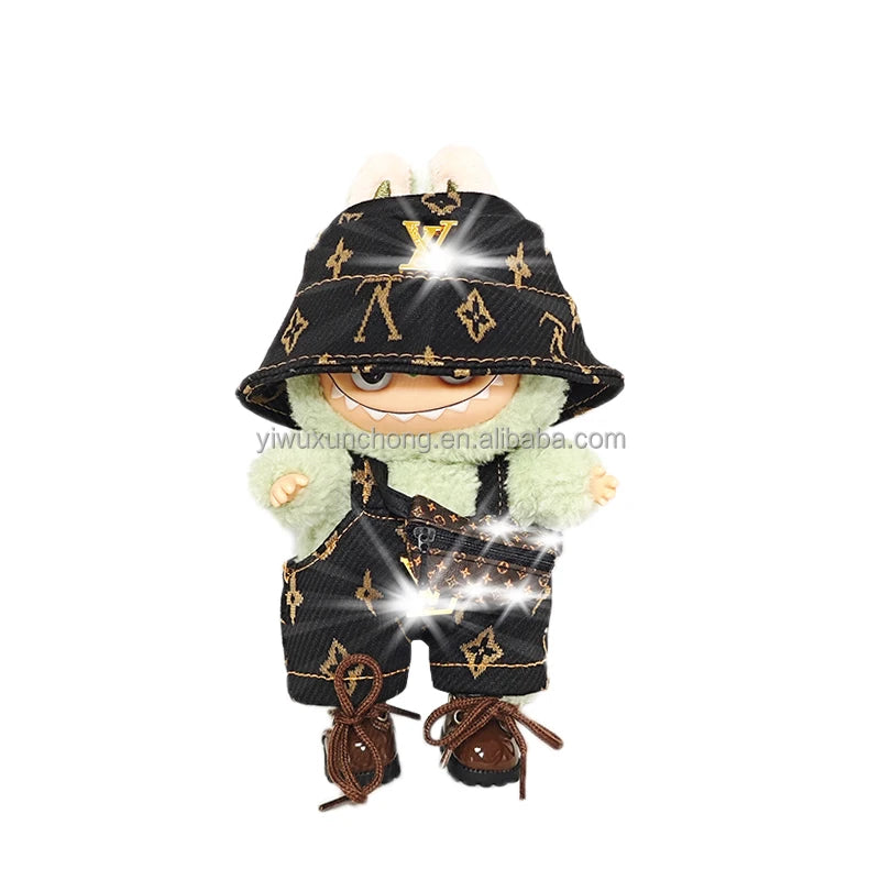 In Stock High-Quality Exclusive Designer Outfit for Labubu - GG Sweater and Overall Set for 17cm Plush Doll | Fast Ship