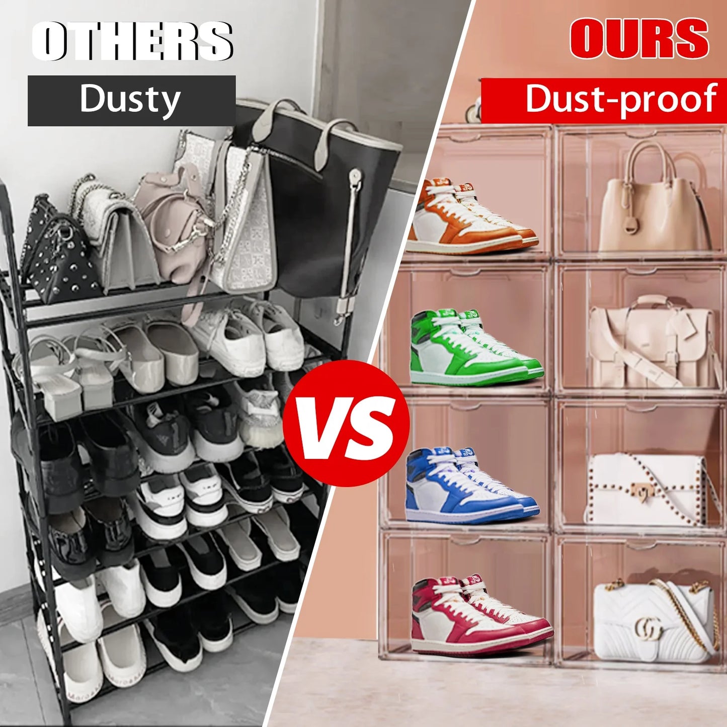 10 Pack Transparent Handbag Display Case Cabinet Foldable Stackable Plastic Handbag Purse Storage Organizer Container Box