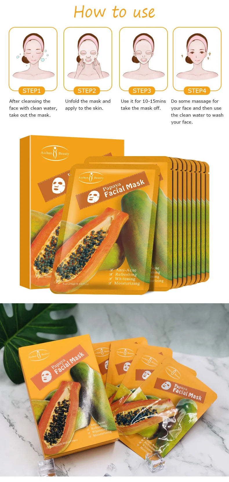Papaya Facial Mask For The Face Korea Cosmetic Moisturizing Fabric Face Masks Care Wrinkle Acne Beauty Face Film Mask 1pc