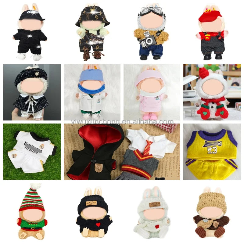 In Stock Designer Doll Clothes for Labubu Only - Stylish Bib Overalls & Shirt for 17cm Plush Doll | Fast Ship