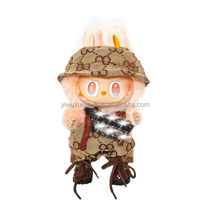 In Stock High-Quality Exclusive Designer Outfit for Labubu - GG Sweater and Overall Set for 17cm Plush Doll | Fast Ship