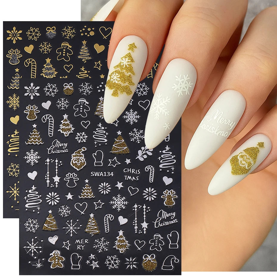 2pcs Christmas Nail Art Stickers Glitter Gold Silver Snowflake Xmas Tree Gingerbread DIY Nail Decoration Winter Manicure Decals