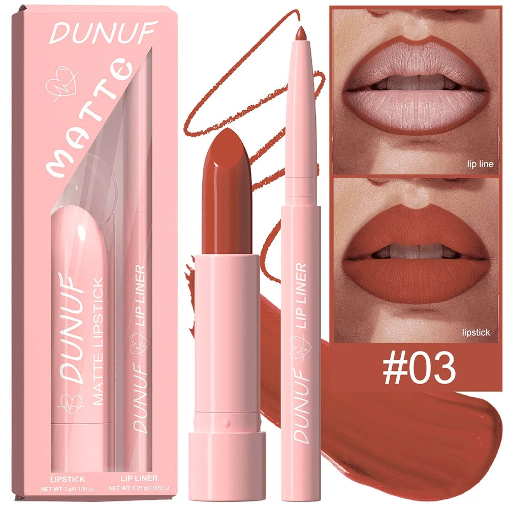 Red Brown Matte Lipstick Lip Liner Set Waterproof Long Lasting Hydrating Non Sticky Contour Lip Makeup