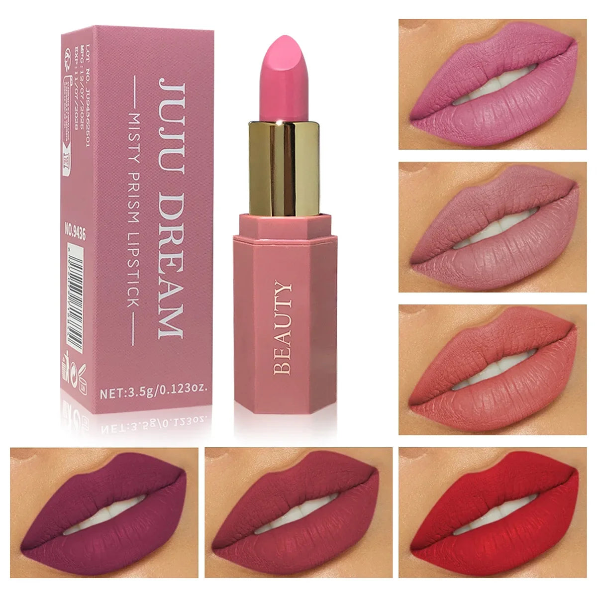 JUJU DREAM Six-color matte lipstick, non-fading non-stick cup, long-lasting velvet luster, matte lipstick waterproof lipstick