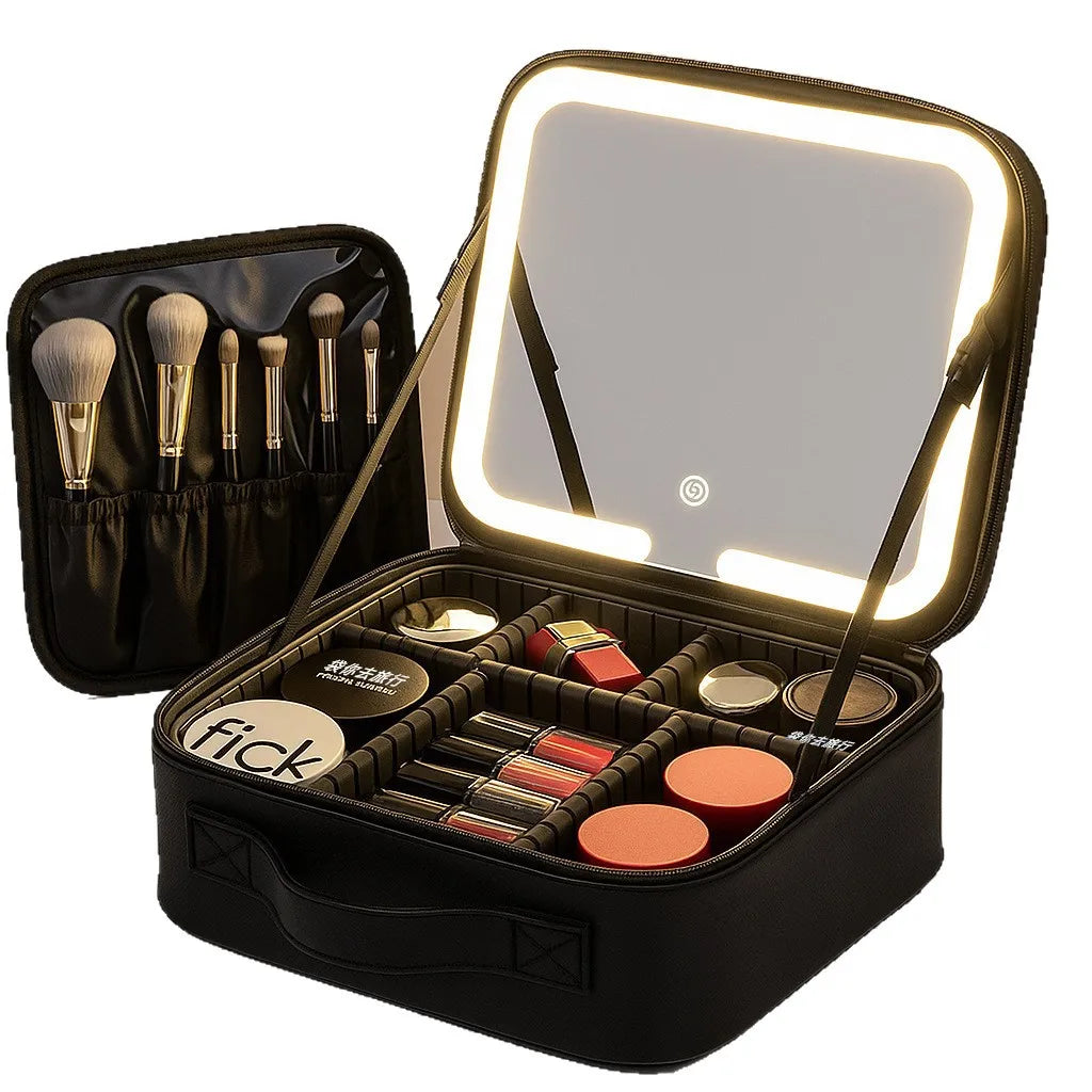 Premium LED Travel Cosmetic Bag with Mirror Women's Portable Large Capacity Makeup Brush Case Portable Partition Beauty Bag
