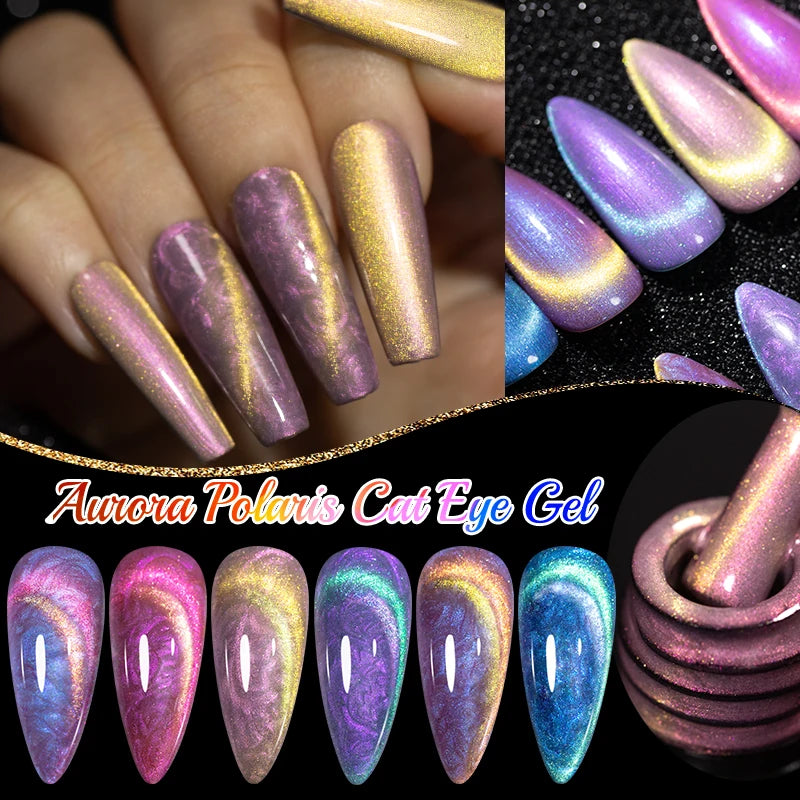 PUENTE 6pcs/set Aurora Shell Thread Cat Magnetic Gel Nail Polish 9D Aurora Glitter Pearl Cat Eye Soak Off UV Nail Art Varnish