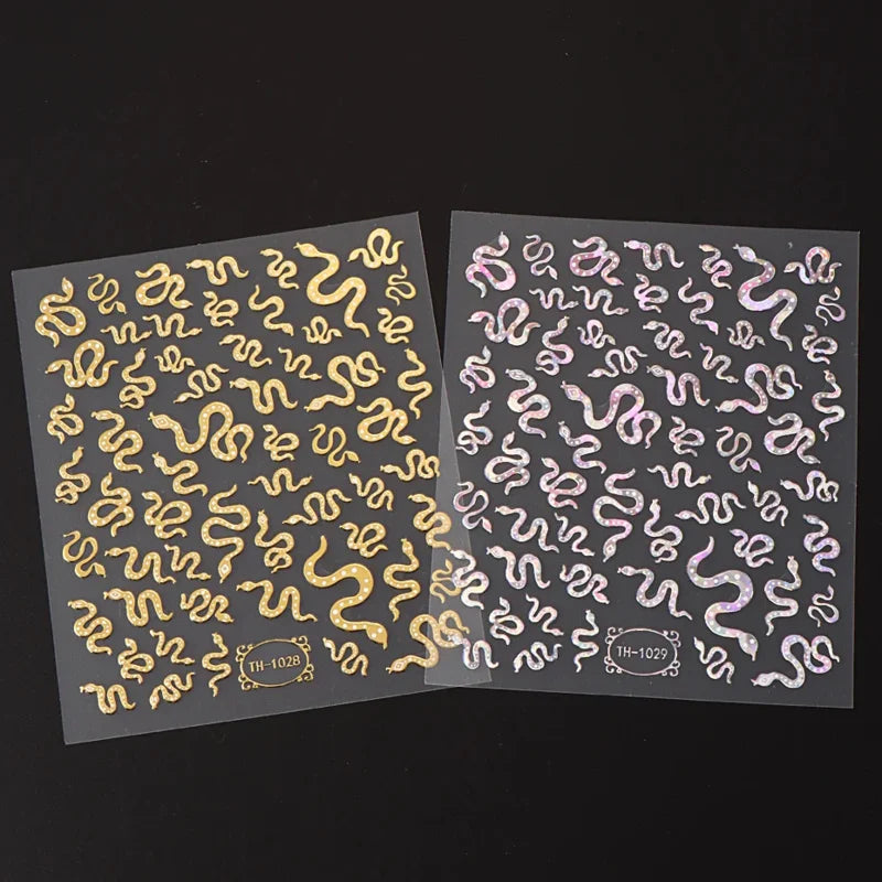 3DLaser Sakura Nail Stickers Holographic Laser Snake Pattern Slider Sakura Water Transfer Nail Decoration Set