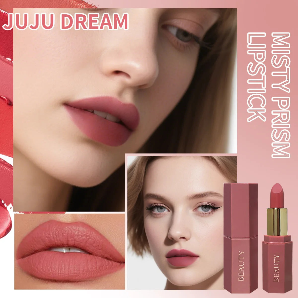 JUJU DREAM Six-color matte lipstick, non-fading non-stick cup, long-lasting velvet luster, matte lipstick waterproof lipstick