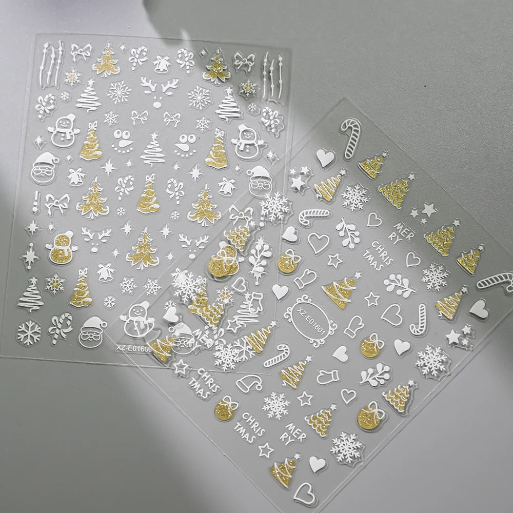 12pcs Christmas Golden Glitter Nail Stickers - Sparkling White Snowflakes, Christmas Trees Winter Nail Decoratio Manicure Decals